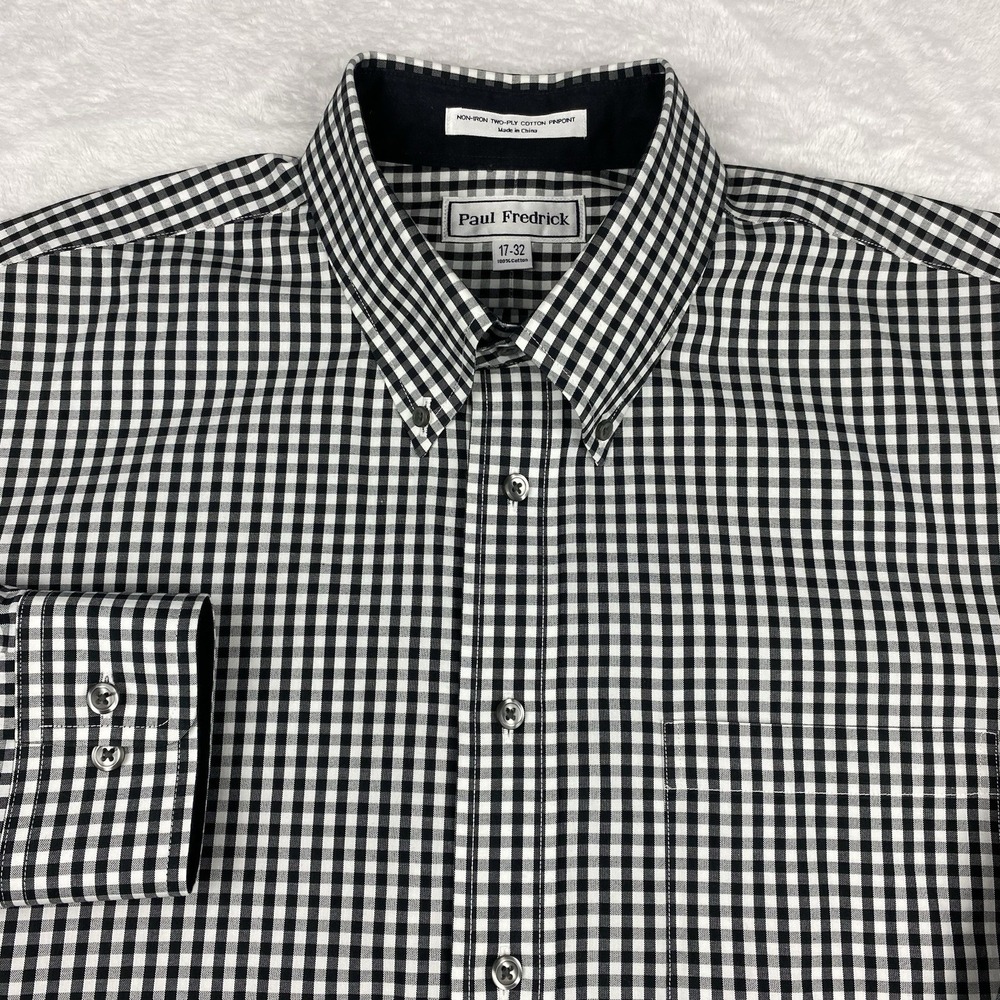 Paul Fredrick Dress Shirt Mens 17-32 Black Buffalo Check Non Iron Flip Cuffs